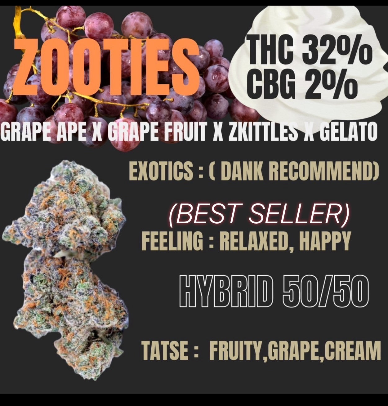 ZOOTIES (HYBRID-INDICA) thc32% ,cbg2% (exotics grade)